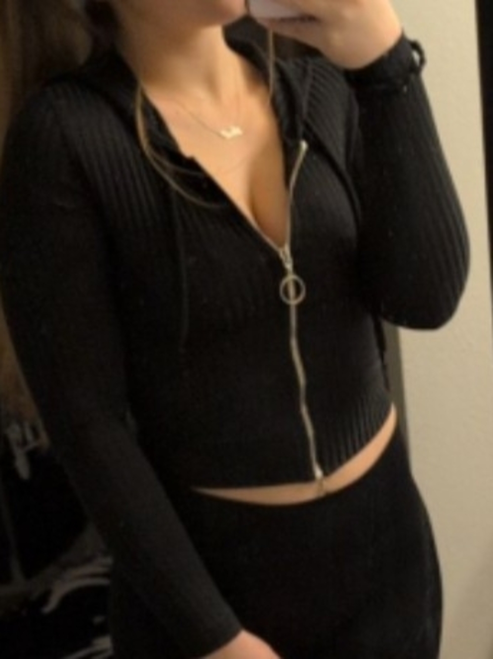 SHEIN Black Ribbed Zip-Up Hoodie Crop Top